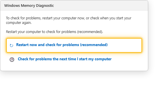 หน้าต่าง Windows Memory Diagnostic ให้เลือกรีสตาร์ททันทีหรือตรวจครั้งถัดไป บน Windows 11