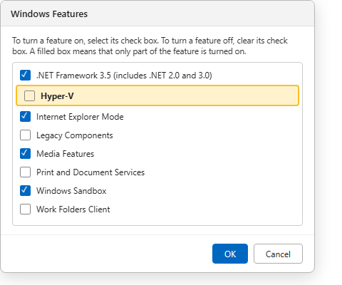 หน้าต่าง Windows Features แสดงรายการฟีเจอร์เสริมพร้อมเครื่องหมายถูกบน Windows 11