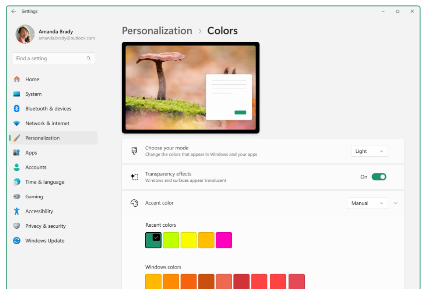หน้าตั้งค่า Personalization Colors เลือกโหมด Light หรือ Dark บน Windows 11