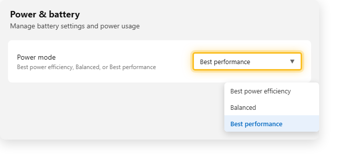 เปลี่ยน Power mode เป็น Best performance ในหน้า Settings Power and battery บน Windows 11