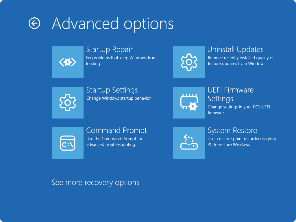 หน้า Advanced options ใน Windows Recovery Environment มีตัวเลือก Uninstall Updates
