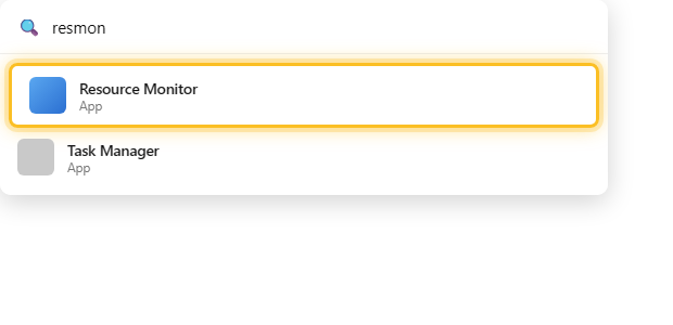 ค้นหา resmon ใน Start menu แล้วเปิด Resource Monitor บน Windows 11