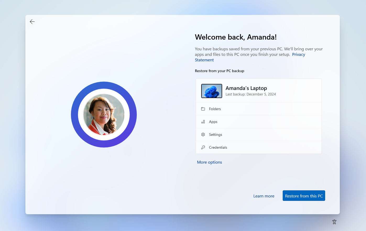 หน้า Welcome back ตอนตั้งค่าเครื่องใหม่ ให้กู้คืน Folders Apps Settings Credentials บน Windows 11
