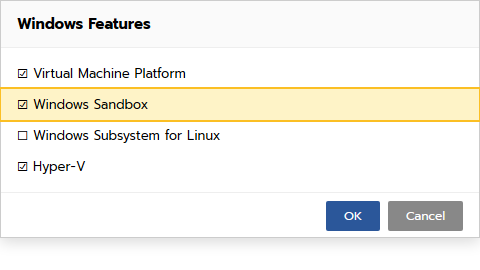 กล่อง Windows Features ติ๊กเปิด Windows Sandbox บน Windows 11