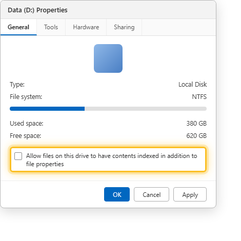 ปิดเครื่องหมายถูก Allow files on this drive to have contents indexed ในหน้า Properties ของไดรฟ์บน Windows 11