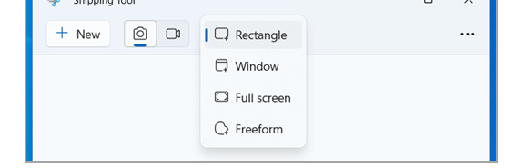 ตัวเลือกรูปแบบการแคปภาพใน Snipping Tool ได้แก่ Rectangle, Window, Full screen, Freeform