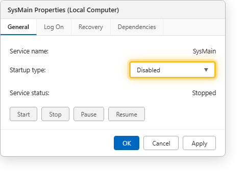ตั้งค่า Startup type เป็น Disabled ในหน้า SysMain Properties บน Windows 11