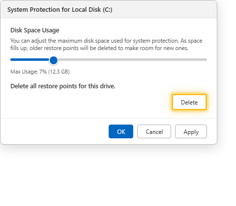 หน้าต่าง System Protection ปรับแถบเลื่อน Max Usage และปุ่ม Delete ลบ Restore Points บน Windows 11