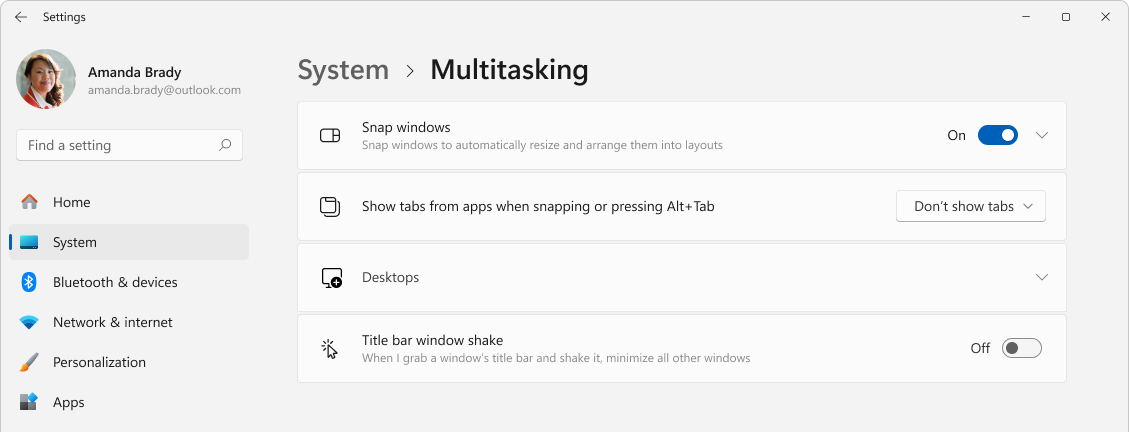 หน้าตั้งค่า Settings System Multitasking จัดการ Desktops ใน Windows 11