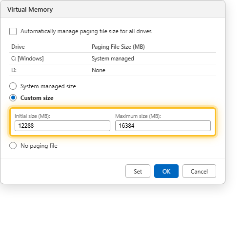 ตั้งค่า Custom size สำหรับ Virtual Memory พร้อมกรอก Initial และ Maximum size บน Windows 11