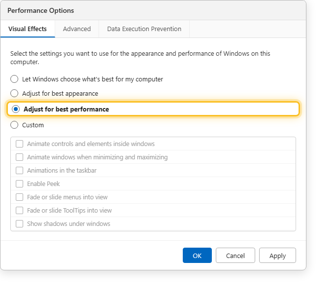 หน้าต่าง Performance Options แท็บ Visual Effects เลือก Adjust for best performance บน Windows 11