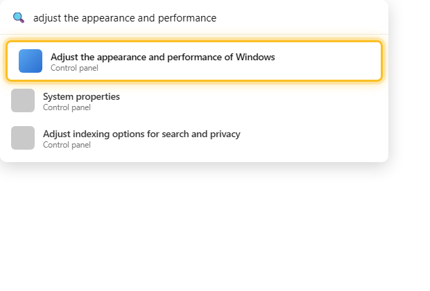 ค้นหา Adjust the appearance and performance of Windows ผ่าน Start menu บน Windows 11
