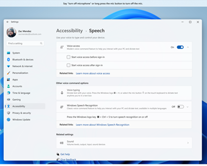 หน้าตั้งค่า Accessibility Speech เปิดสวิตช์ Voice access บน Windows 11