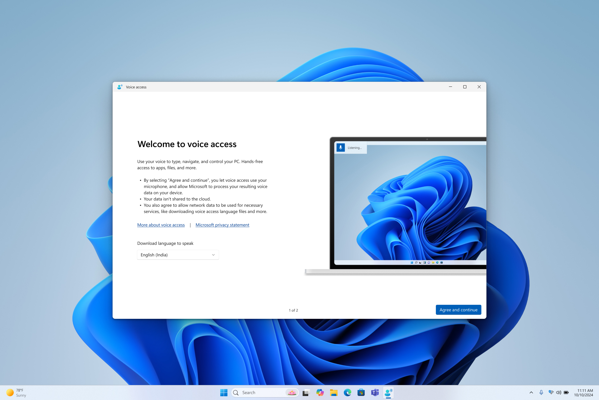หน้าต้อนรับ Welcome to voice access อธิบายการทำงานและดาวน์โหลดภาษาบน Windows 11