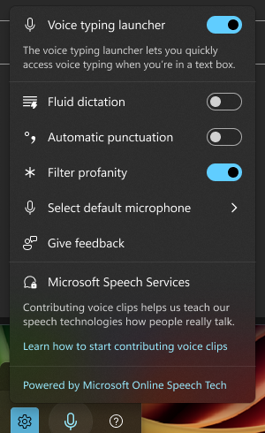 แผงตั้งค่า Voice Typing ปรับ Fluid dictation และ Automatic punctuation บน Windows 11