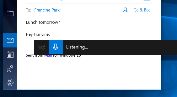 แถบเครื่องมือ Dictation แสดงสถานะ Listening ขณะใช้ Voice Typing บน Windows 11