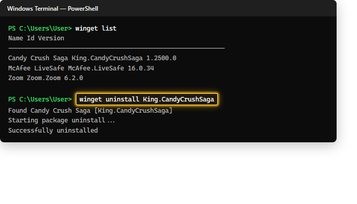 คำสั่ง winget list และ winget uninstall ใน Windows Terminal บน Windows 11