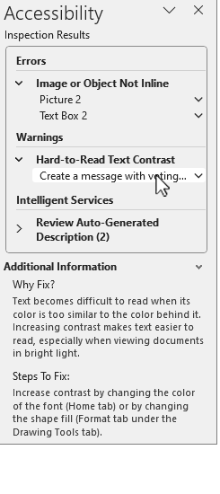 หน้าต่าง Accessibility Inspection Results ใน Word แสดง Errors, Warnings และ Additional Information