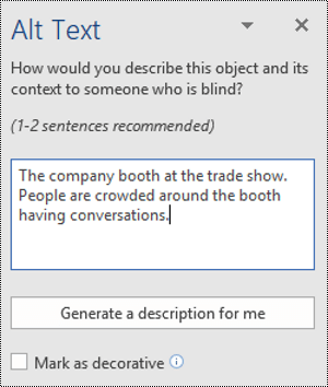 หน้าต่าง Alt Text ของ Word มีช่องพิมพ์คำอธิบายและปุ่ม Generate a description for me