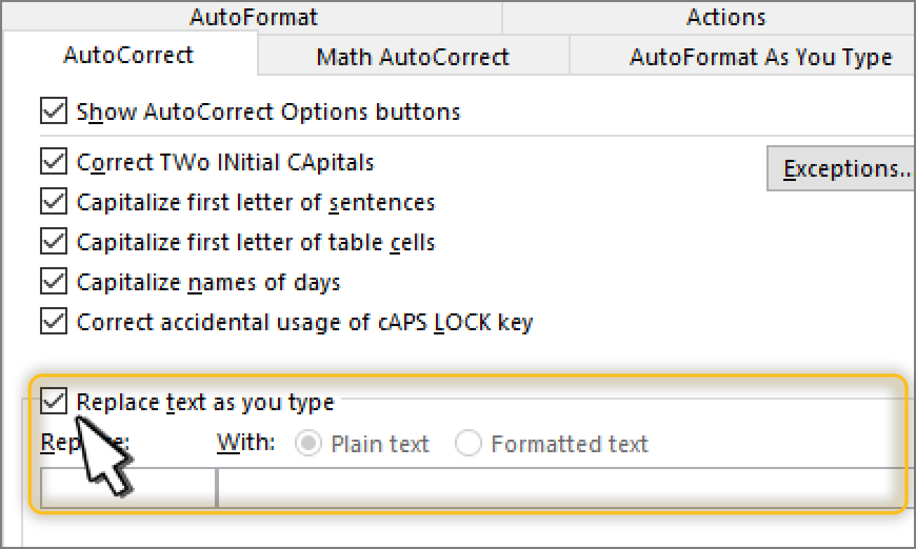 หน้าต่าง AutoCorrect ของ Word แสดงตัวเลือก Replace text as you type และช่องกรอกคำย่อกับข้อความเต็ม