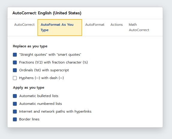 หน้าต่าง AutoCorrect แท็บ AutoFormat As You Type ของ Word แสดงตัวเลือก Replace as you type และ Apply as you type