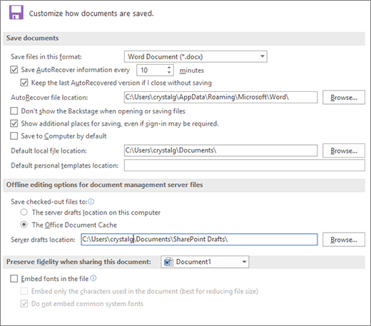 หน้าต่าง Word Options แท็บ Save แสดงตัวเลือก Save AutoRecover information every minutes