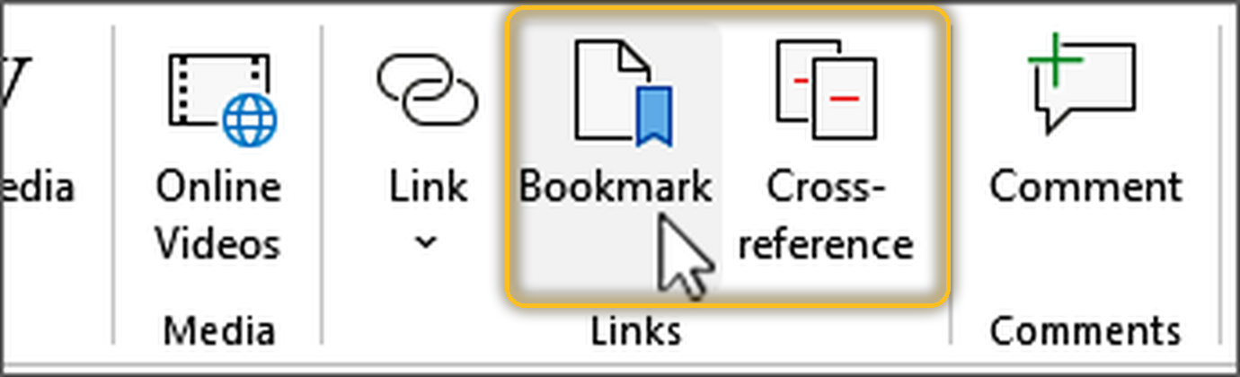ปุ่ม Bookmark และ Cross-reference บนแท็บ Insert ของ Word อยู่ในกลุ่ม Links