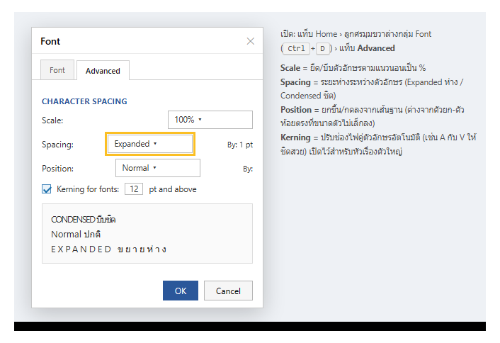 แท็บ Advanced ของกล่อง Font ใน Word แสดง Scale, Spacing (Expanded/Condensed), Position และ Kerning พร้อมพรีวิวข้อความบีบชิดกับขยายห่าง