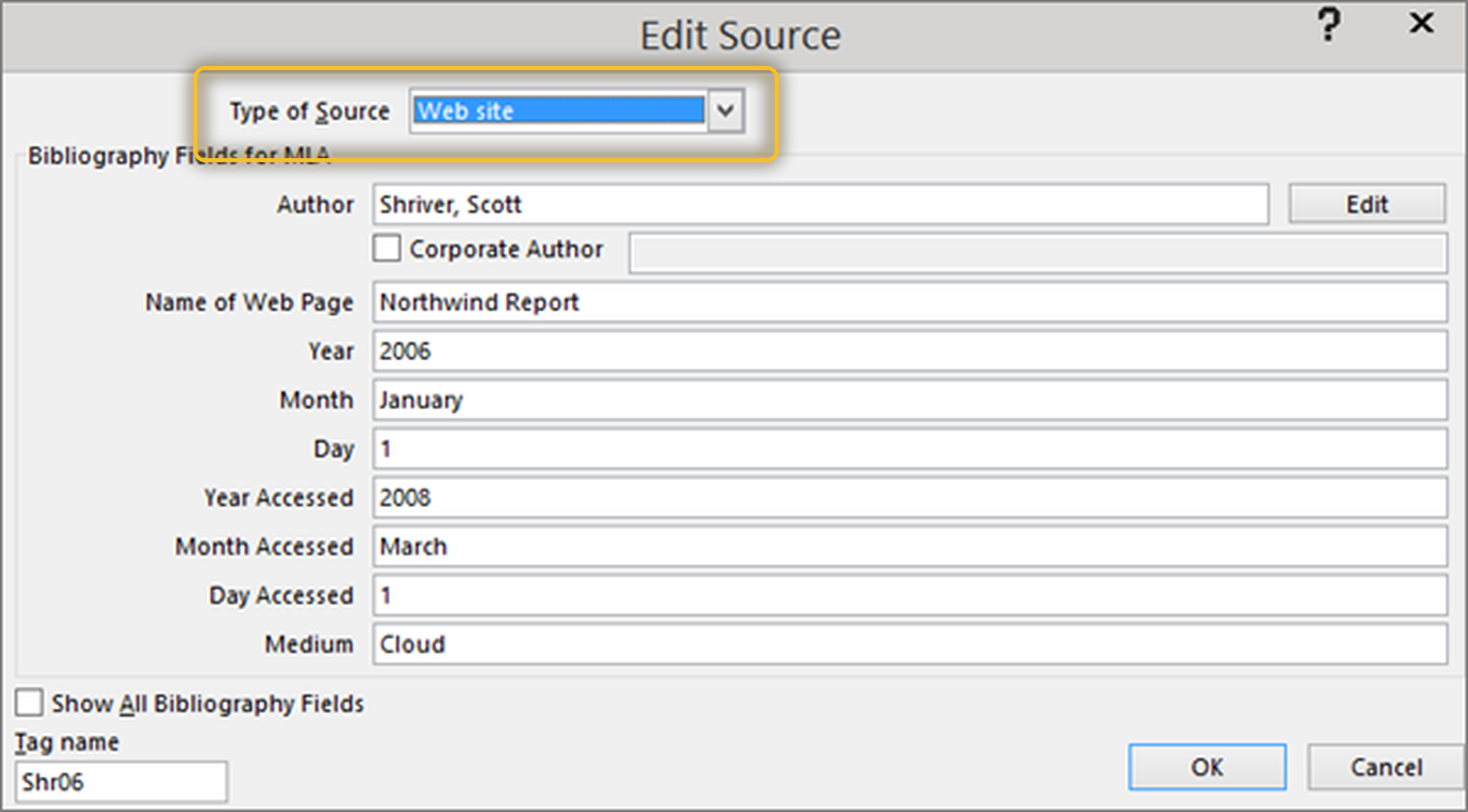หน้าต่าง Edit Source ใน Word วงกลมไฮไลต์ช่อง Type of Source ที่ต้องเลือกก่อนกรอกข้อมูลอ้างอิง