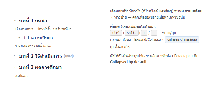 เอกสาร Word ที่หัวข้อแต่ละอันมีสามเหลี่ยมยุบ-ขยายทางซ้าย บทที่ 2 ถูกยุบเก็บเนื้อหาไว้ พร้อมคีย์ลัดและตัวเลือก Collapse All Headings