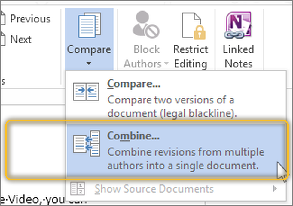 เมนู Compare ในแท็บ Review ของ Word แสดงตัวเลือก Combine ที่ถูกไฮไลต์