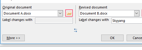 หน้าต่าง Compare Documents เลือก Original document และ Revised document ใน Word