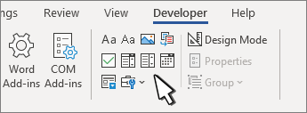 กลุ่ม Controls ในแท็บ Developer ของ Word แสดงไอคอน Content Controls ต่างๆ