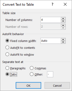 หน้าต่าง Convert Text to Table ของ Word ตั้งค่าจำนวนคอลัมน์และตัวคั่นข้อความ
