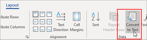 ปุ่ม Convert to Text ในแท็บ Layout เมื่อเลือกตารางอยู่ใน Word