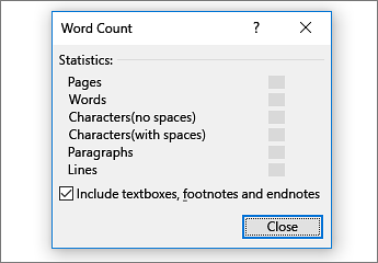 หน้าต่าง Word Count แสดงจำนวนหน้า คำ ตัวอักษร ย่อหน้า และบรรทัด