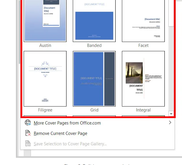แกลเลอรี Cover Page สำเร็จรูปใน Word มีแบบ Austin, Banded, Facet, Filigree, Grid, Integral ให้เลือก