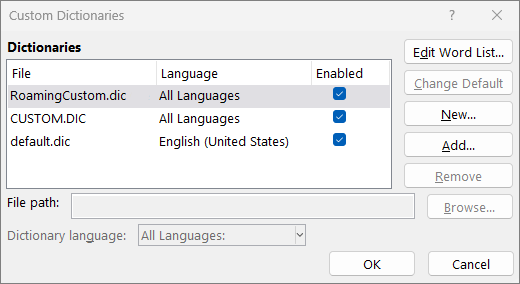 หน้าต่าง Custom Dictionaries ของ Word แสดงรายการพจนานุกรมและปุ่ม Edit Word List