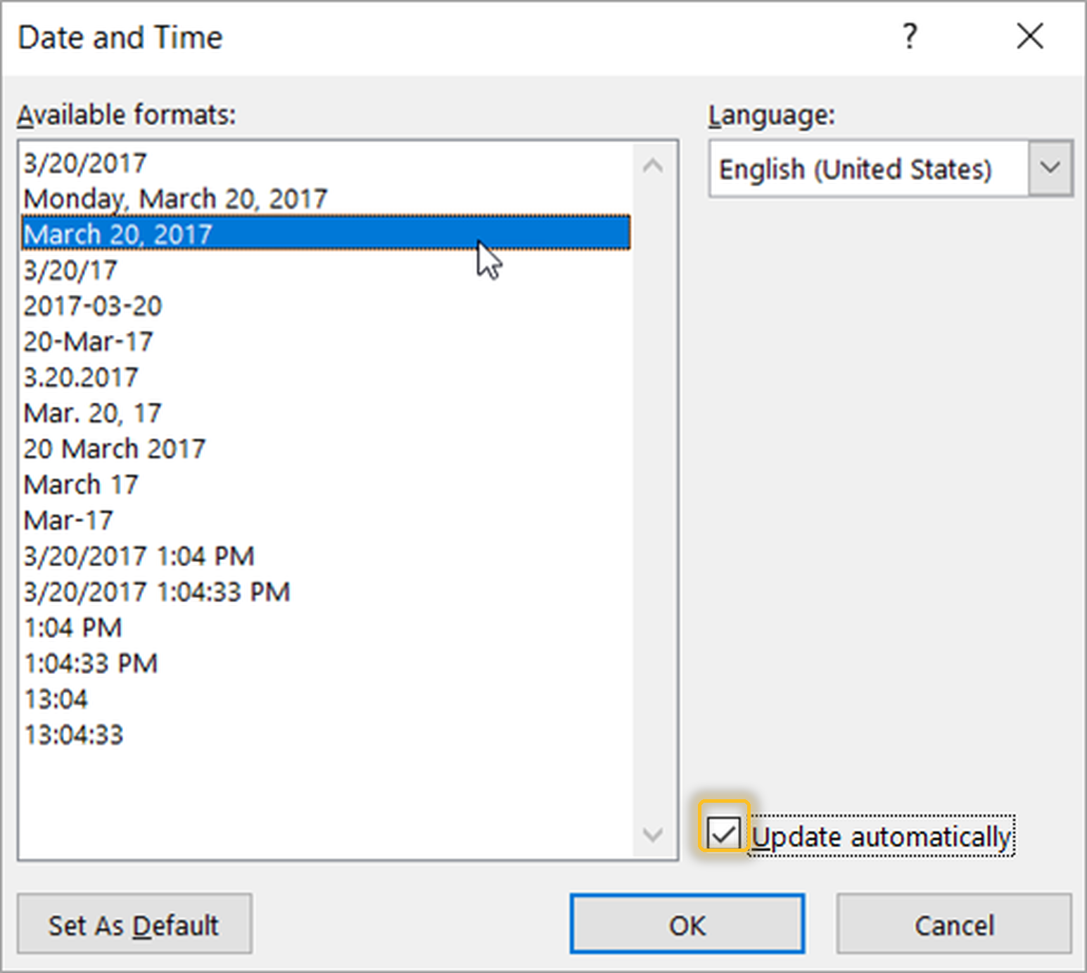 ติ๊กเลือก Update automatically ในกล่อง Date and Time เพื่อให้วันที่อัปเดตอัตโนมัติทุกครั้งที่เปิดเอกสาร Word