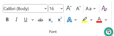ไอคอนเปิดหน้าต่าง Font แบบเต็มที่มุมขวาล่างของกลุ่ม Font ในแท็บ Home ของ Word