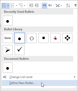 เมนู Bullet Library ใน Word แสดงตัวเลือก Define New Bullet