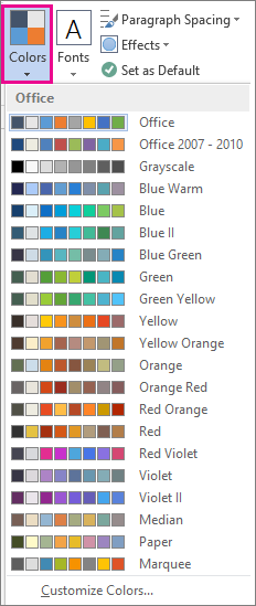 แกลเลอรี Colors ในแท็บ Design ของ Word แสดงชุดสีสำเร็จรูปให้เลือก