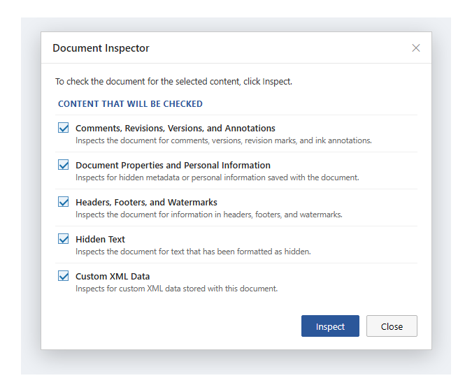 กล่องโต้ตอบ Document Inspector ใน Word แสดงรายการประเภทข้อมูลที่จะตรวจ พร้อมปุ่ม Inspect และ Close
