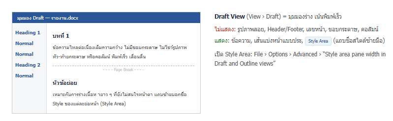 มุมมอง Draft ใน Word แสดงข้อความไหลต่อเนื่องเต็มความกว้าง มีเส้นแบ่งหน้าแบบประ และแถบ Style Area บอกชื่อสไตล์ของแต่ละย่อหน้าทางซ้าย