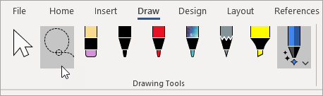 เครื่องมือ Lasso ในแท็บ Draw ของ Word ใช้เลือกลายเส้นที่วาดไว้