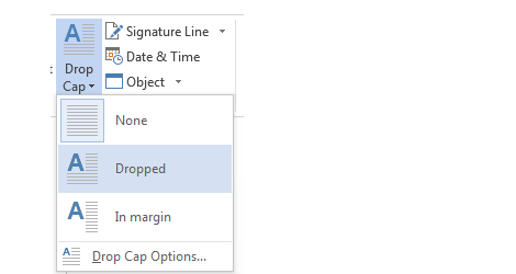 เมนูเลือกรูปแบบ Drop Cap แบบ Dropped ใน Word พร้อมตัวอย่างผลลัพธ์