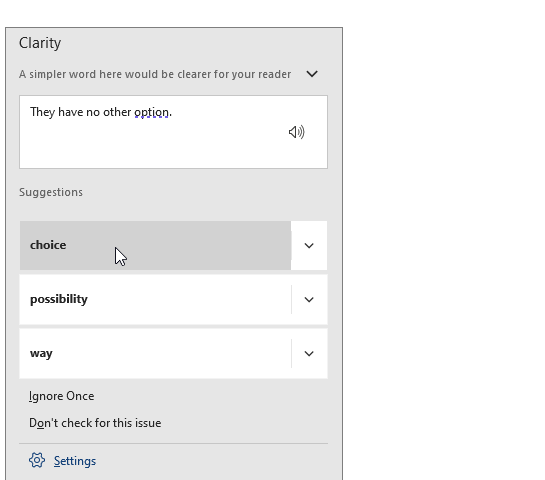 หน้าต่าง Editor แสดงคำแนะนำ Clarity พร้อม Suggestions และปุ่ม Ignore Once ใน Word