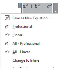 สูตร a²+b²=c² ที่พิมพ์ด้วย Equation ใน Word พร้อมเมนู Professional/Linear options