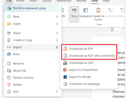 เมนู File > Export ใน Word for the Web แสดงตัวเลือก Download as PDF” /></p>
<ol start=