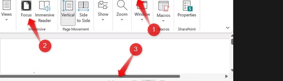 ปุ่ม Focus ในกลุ่ม Immersive บนแท็บ View ของ Word